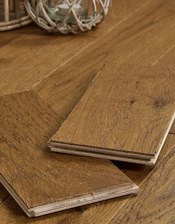 Close-up of interlocking oak floor plank edges
