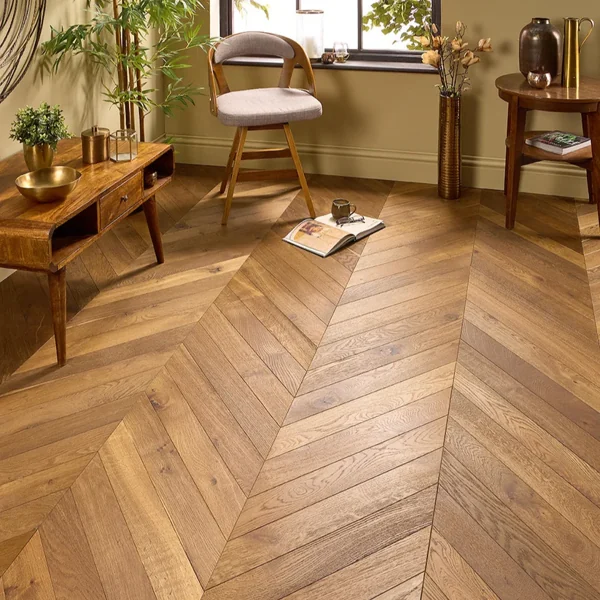 Elegant oak chevron engineered wood flooring in a warm, natural finish