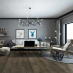 Modern gray living room with wood floors