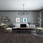 Modern grey living room with dark wood floors
