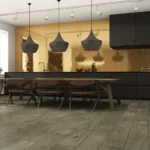 Modern kitchen with gold backsplash and oak flooring