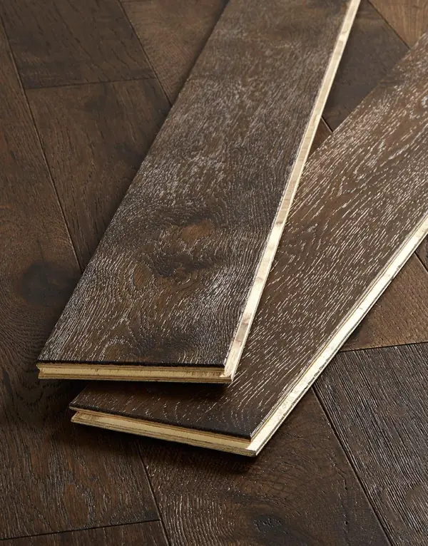Two dark oak floor samples showing side grooves